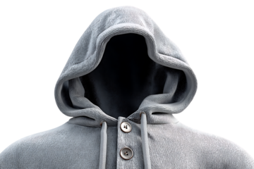 Close up front view of a textured grey hooded sweatshirt with two buttons and drawstrings against a transparent background
