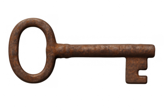 Close-up of an old rusty key isolated on a transparent background, evoking history, mystery, and access - Powered by Adobe