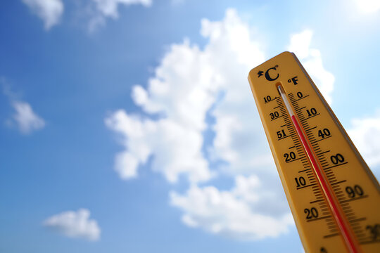 A thermometer displays warm temperatures on a sunny day with a clear blue sky and scattered clouds, perfect for weather concepts.