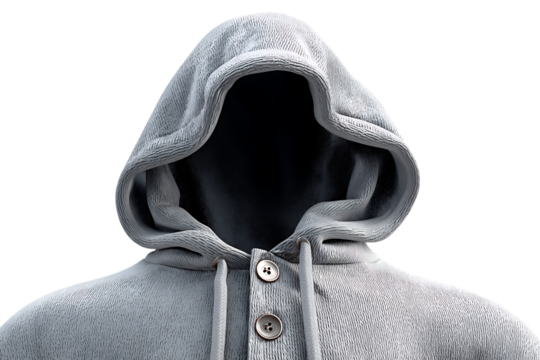 Close up front view of a textured grey hooded sweatshirt with two buttons and drawstrings against a transparent background