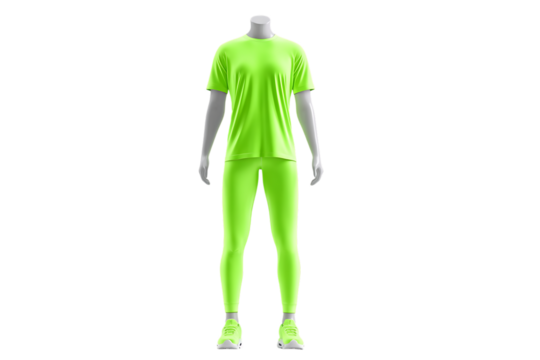 Full body view of a mannequin wearing a bright neon green t shirt and matching leggings on a transparent background - Powered by Adobe
