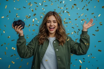 Joyful Photographer Celebrating Success Under Confetti Shower in Studio with Blue Backdrop. Cheerful Moment