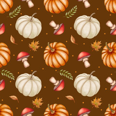 Seamless autumn pattern with orange and white pumpkins, red mushrooms, maple leaves, and green branches. Painted in soft watercolor style with warm tones, ideal for seasonal and cozy designs.