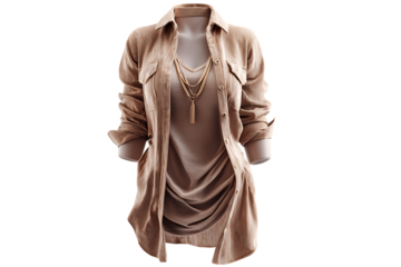 Stylish beige corduroy shirt paired with a ruched taupe v neck top and layered necklace on a transparent background