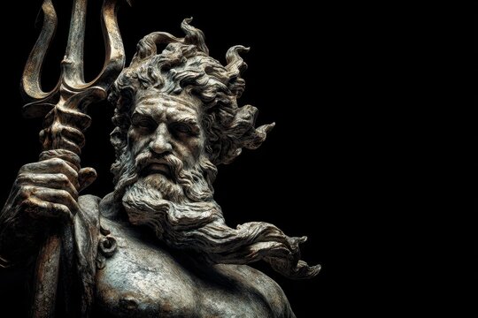 Majestic Greek Sculpture of Neptune: The Ancient God of the Sea with His Trident against a Dramatic Black Background