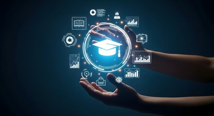 Hands gently cradling a digital graduation cap surrounded by data visualizations, symbolizing online education and learning analytics.
