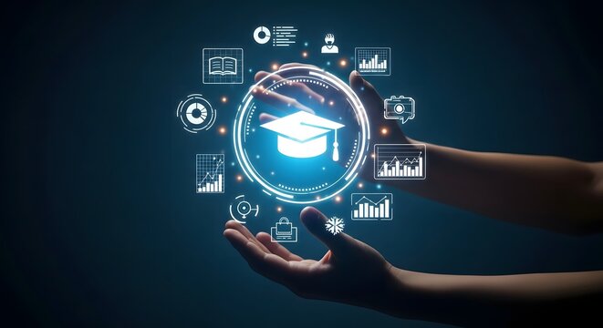 Hands gently cradling a digital graduation cap surrounded by data visualizations, symbolizing online education and learning analytics.