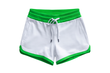 White athletic shorts with bright green trim and drawstring for comfortable active wear on a transparent background