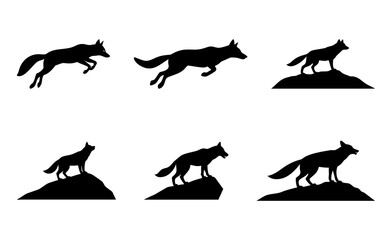 Fox Silhouettes Vector Icons. fox, leaping, pounce, rock, wilderness, nature, animal, agile, dynamic, silhouette, black, vector, icon, graphic, symbol, hunter, predator, field, grass, hunt, prey.