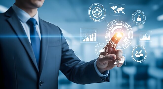 A suited businessman interacting with futuristic digital interface elements, touching a screen.