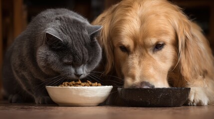 Cherished Moments: Golden Retriever and British Shorthair Share a Meal in a Friendly Intermission