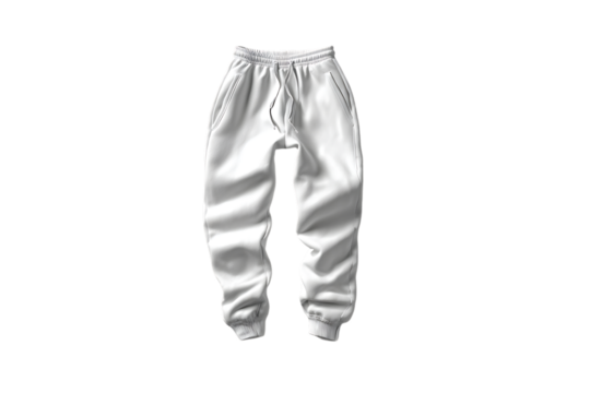 Clean white sweatpants with drawstring and cuffs isolated on transparent background for fashion mockups
