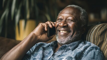 Joyful Senior African American Man Engaged in Phone Conversation While Relaxing at Home