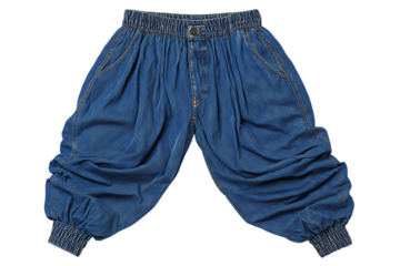 Loose fitting blue denim jeans with elasticated waist and ruched ankles isolated on transparent background