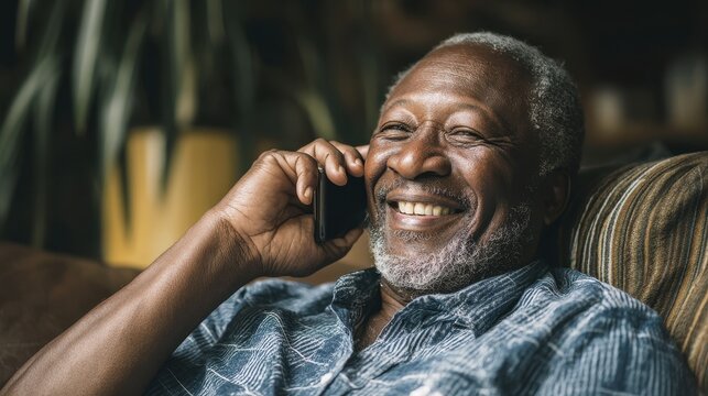 Joyful Senior African American Man Engaged in Phone Conversation While Relaxing at Home