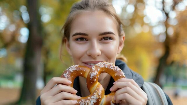 A woman holds a pretzel in front of her face, hiding it from view