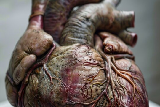 Highly detailed anatomical model of human heart showing arteries, veins, and muscles