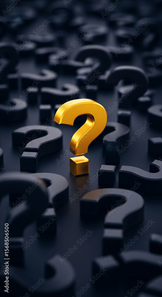 Poster Gold question mark stands out among numerous black question marks, symbolizing unique solution or finding answers, problem-solving concept