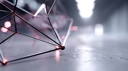 the image presents a close up of a geometrical structure composed of slender, dark lines connected by spherical nodes