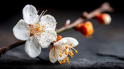 the image showcases delicate white blooms emerging from a thin, dark branch. two flowers are in focus, displaying pure white petals and vibrant, orange yellow stamens