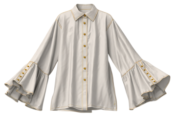 Elegant off white long sleeve blouse with dramatic ruffled bell sleeves and gold button details on a transparent background
