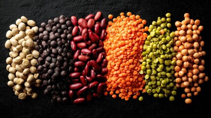 Fototapeta premium Nutritious Legume Mix: A Colorful Collection of Lentils, Beans, and Peas on Dark Canvas
