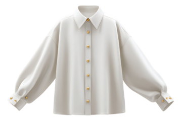 Elegant off white long sleeve shirt with puffed sleeves and gold button details on a transparent background