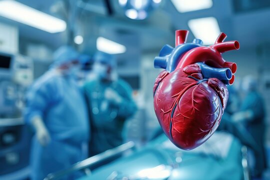 Realistic 3d model of human heart floating in operating room during cardiac surgery