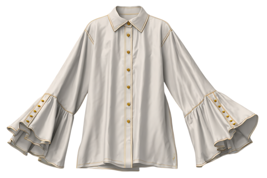 Elegant off white long sleeve blouse with dramatic ruffled bell sleeves and gold button details on a transparent background
