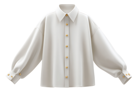 Elegant off white long sleeve shirt with puffed sleeves and gold button details on a transparent background
