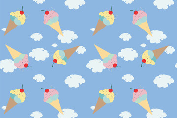 Dreamy Ice cream cones with clouds on blue  background  for kid project and advertising , packaging, promotions, posters, fabric