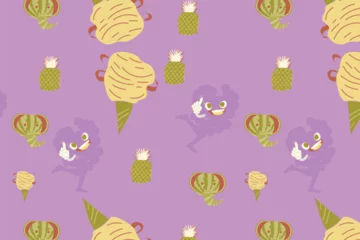 Fotobehang Naadloze herfst Juggling grapes Character With Pineapple Cotton Candy  Seamless Pattern  © rameen