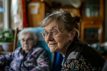 Happy elderly woman wearing glasses smiling serenely in a retirement home, with another senior resident sitting in the background