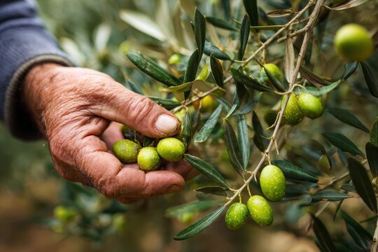 Olive Hand: Picking Ripe Olives in a Sunlit Catalonia Grove - Powered by Adobe