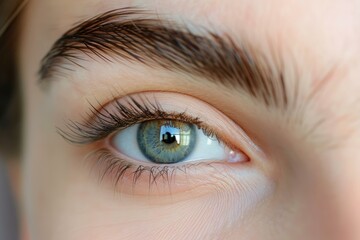 Close up of beautiful female grey eye with long eyelashes and perfect eyebrow, reflecting light and health