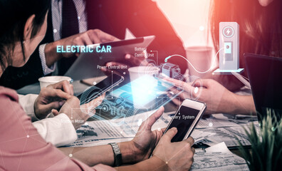 Structure of electric car showing battery system, traction motor, control units, and charging...