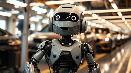 Factory floor robot with shiny cars