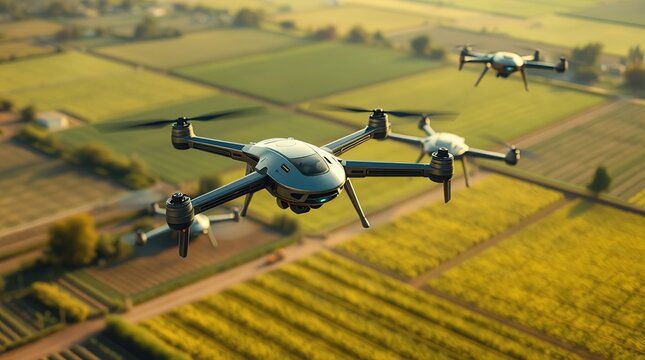 Drones surveying farmland at sunrise.