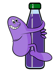 Cartoon of a happy grape hugging a bottle of grape soda