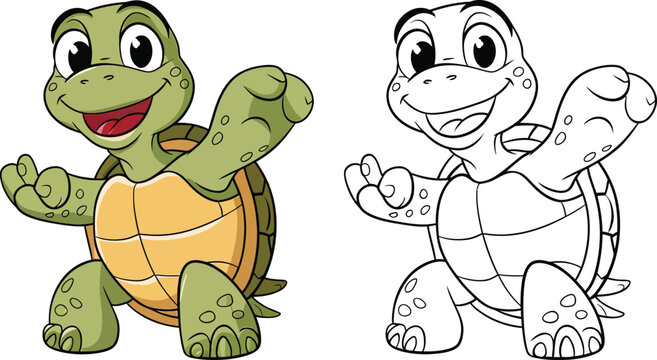 Cute cartoon turtle vector with full color and outline version for coloring book animal design
