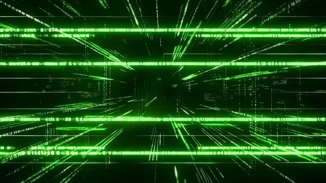 Abstract digital matrix with green glowing data streams and lines, futuristic cyberspace background