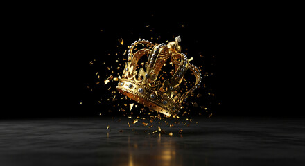 Gold crown shattering into pieces against a black background, symbolizing loss of power, end of reign, or fragility of power