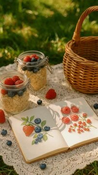 Enjoying a relaxing picnic with fresh berries and sketching in the sunny park