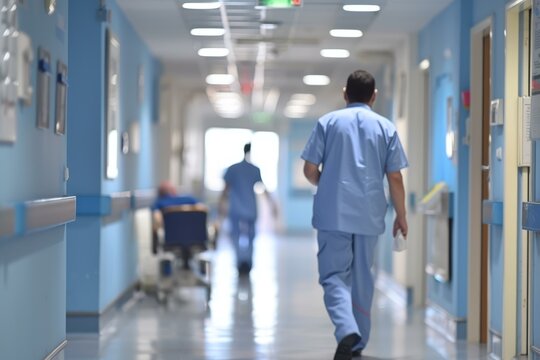 Medical professional walking down a hospital corridor while other staff transport a patient on a gurney