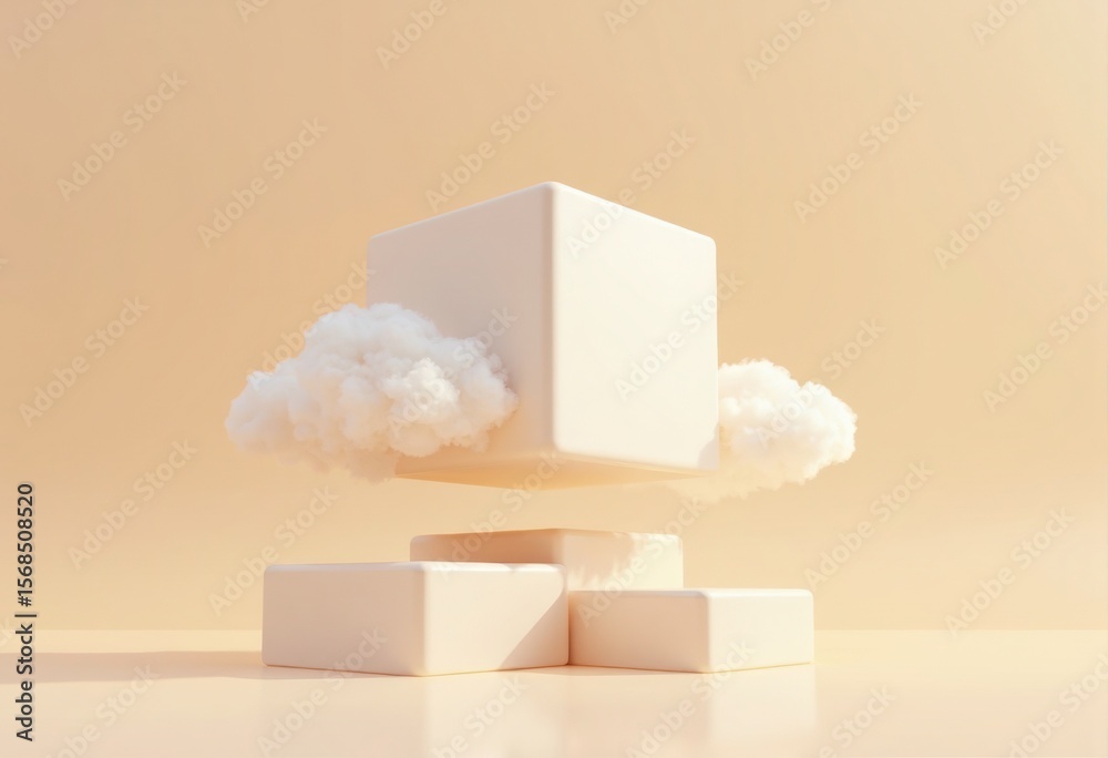 Poster Floating White Cubes Surrounded by Soft Clouds Against a Warm Background