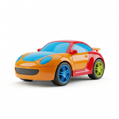A colorful toy car in glossy plastic style, isolated on white background
