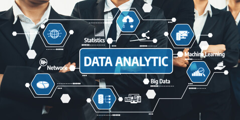 A corporate scene featuring professionals engaged in data analytics with technology icons. The image highlights teamwork, modern analytics tools, and strategic decision-making processes. Amity