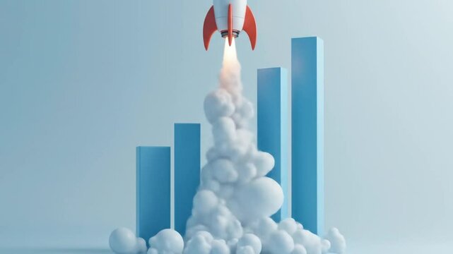 3D rocket launched on top of rising bar chart, symbolizing business growth, success, progress and impact of innovative strategies on achievement. 4k video - Powered by Adobe