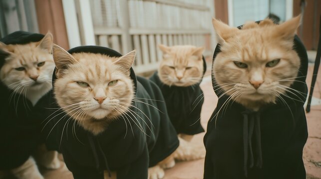 Angry cats in black hoodies in grainy photo