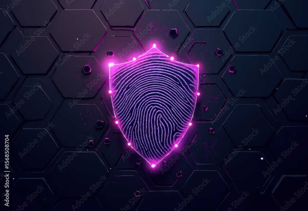 Poster Digital Shield with Fingerprint Design on Hexagonal Background